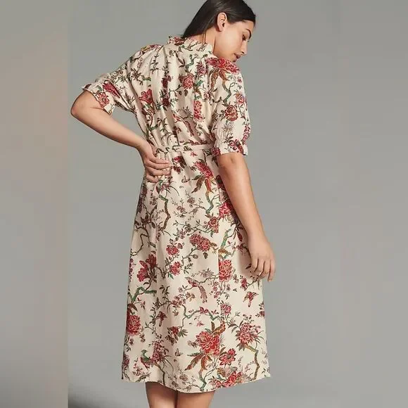 Anthropologie Pilcro Ruffle-Collar Buttondown Dress Cream Floral Boho Size 12